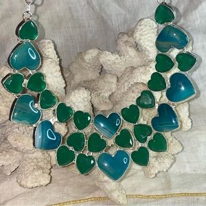 Botswana Agate + Emerald exotic heart gemstone double necklace